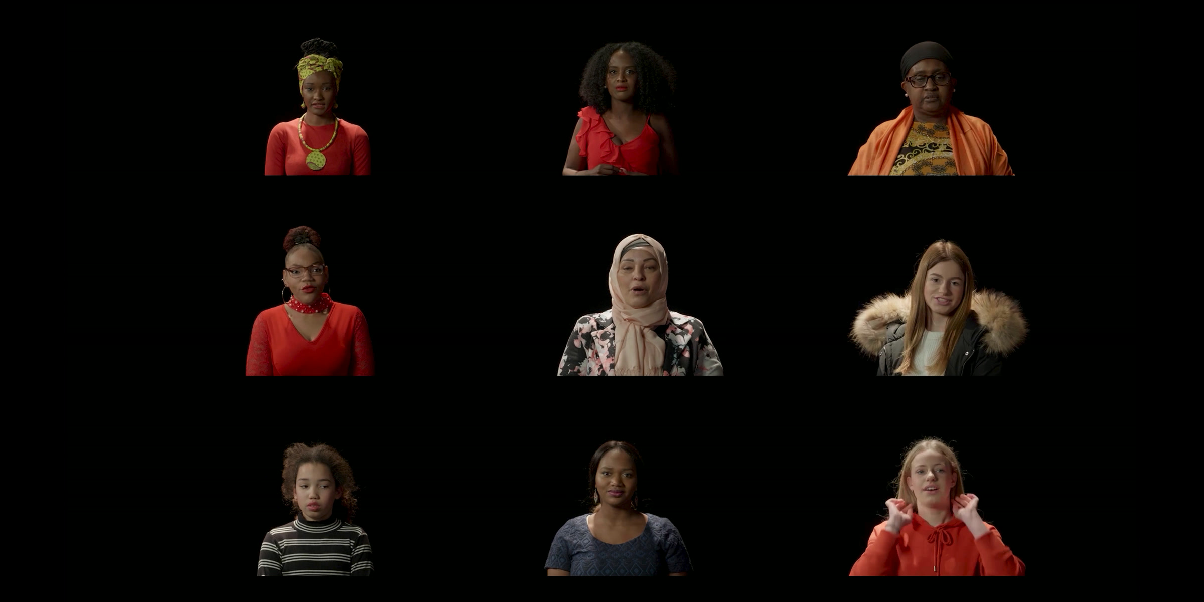 Collage van diverse mensen in gesprek, samengesteld uit één documentaire.